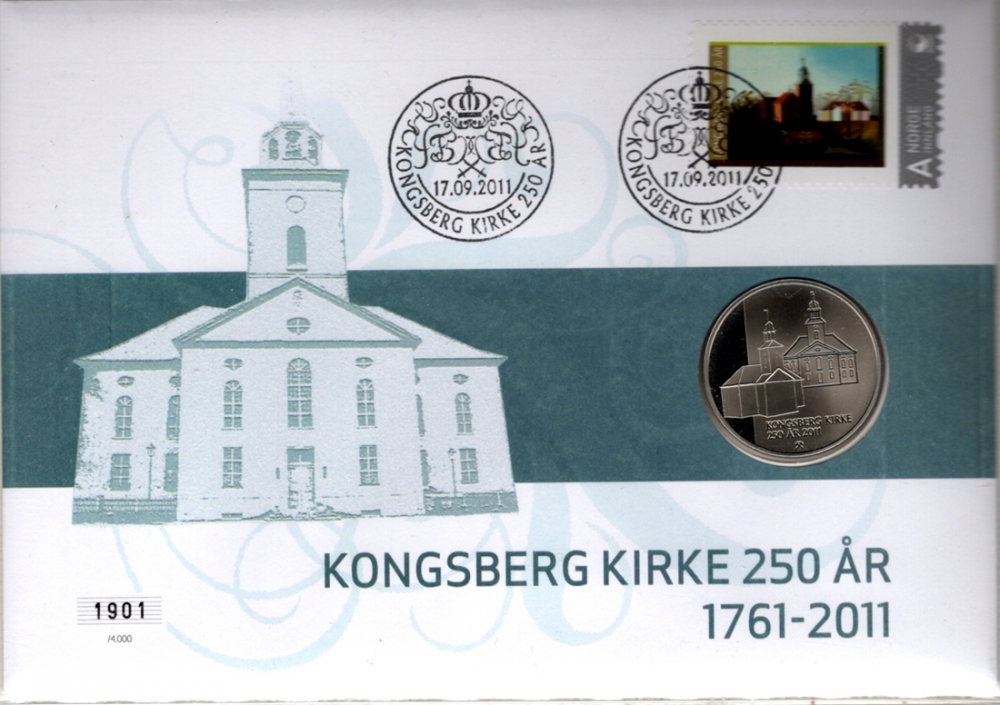 Medalje: Kongsberg kirke 250 år .
Frimerker: Lokalt utgitt frimerke
Stempel: Oslo, 17.09.2011.
Opplag: 4.000 Stk. // Bakark medfølger.