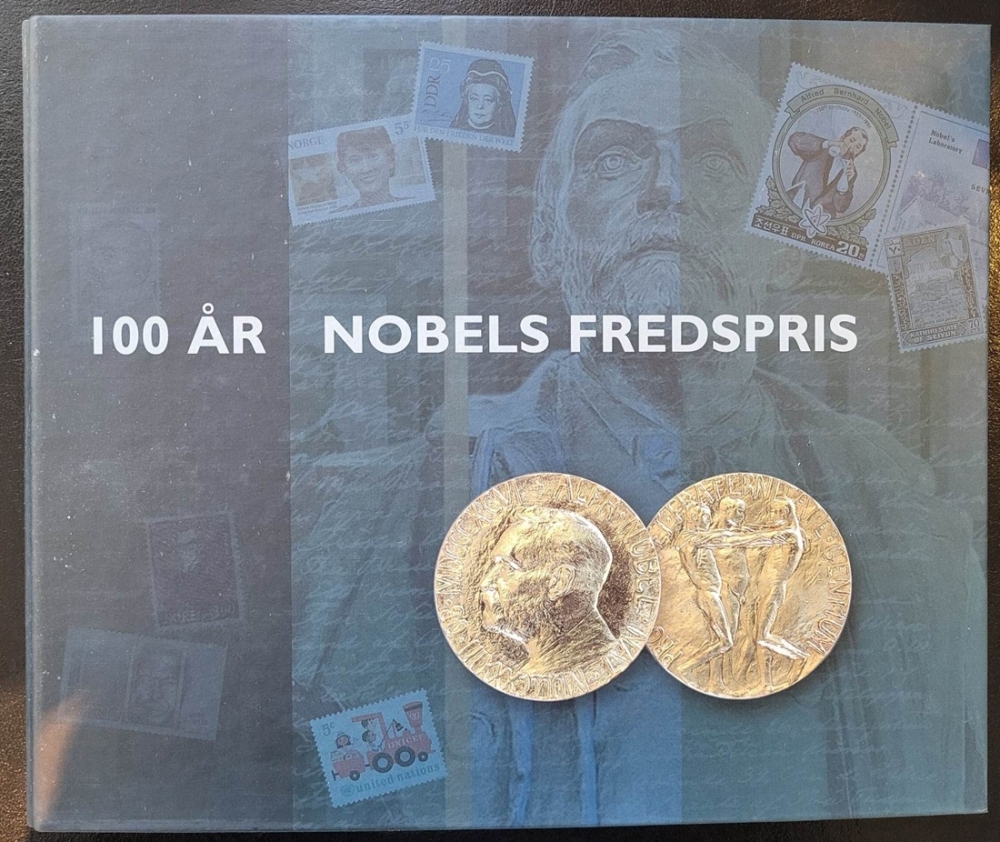 Jubileumsbok fra 100 årsjubileum for Nobels fredspris (med støvkassett).
