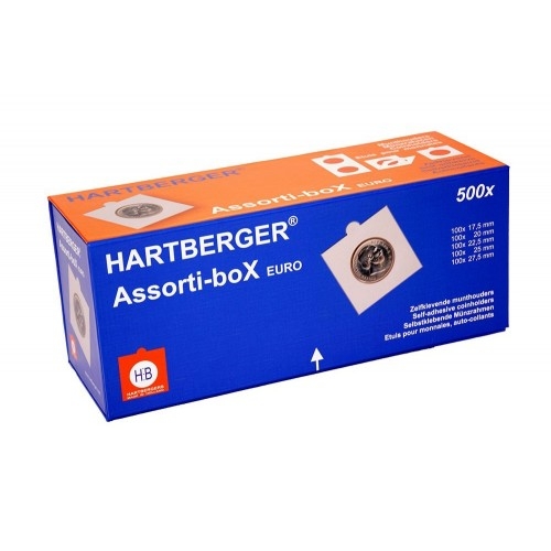 En elegant kasse inndelt i 5 rom og med plass til 500 Hartberger myntrammer. 
Kassen inneholder 100 stk. myntrammer (med lim) i hver størrelse: 17,5mm , 20mm, 22,5mm, 25mm og 27,5mm.